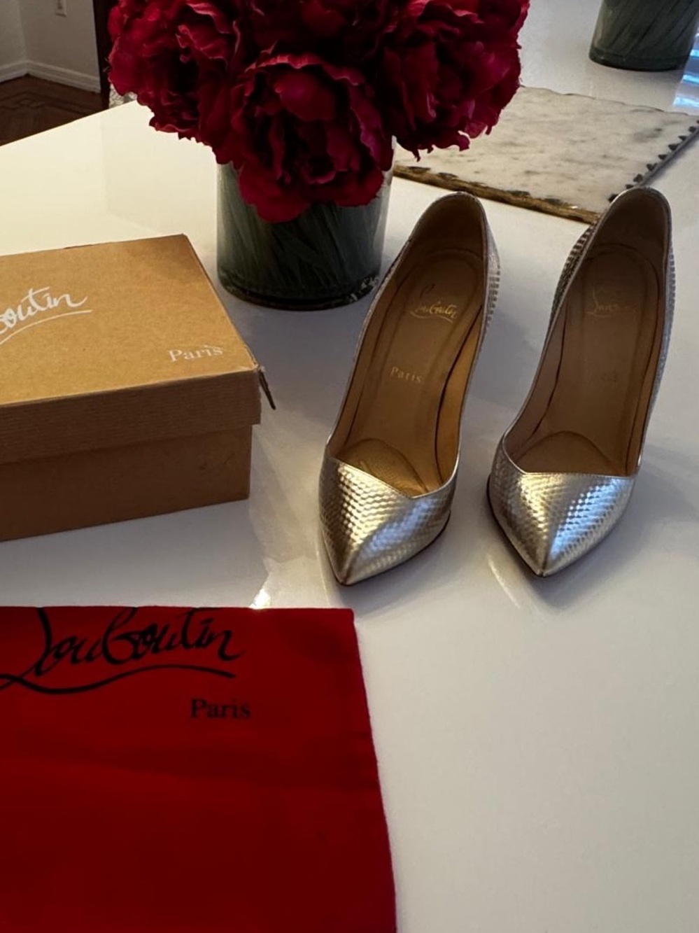 Christian Louboutin Silver Textured Pointed Toe Pumps